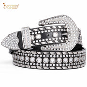 Women Halloween Rhinestone Studded Western Leather Belt Ladies Vintage Bling Cowgirl Waist Belt for Jeans Dress - JASGOOD OFFICIAL