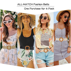 Set of 4 Straw Woven Elastic Stretch Waist Belts for Women, Fashion Boho Ladies Braided Skinny Dress Belt