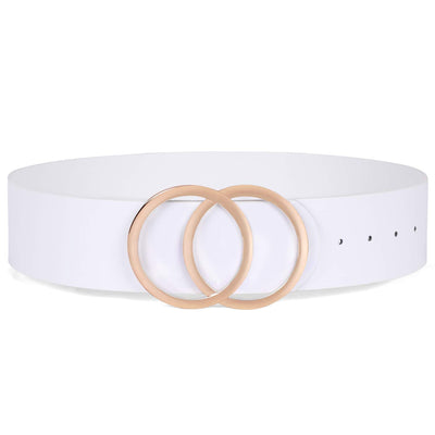 Womens White Leather Belt for Dresses, Fashion Wide Waist Belts for Women With Gold Double O-Ring Buckle - JASGOOD OFFICIAL