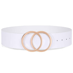 Womens White Leather Belt for Dresses, Fashion Wide Waist Belts for Women With Gold Double O-Ring Buckle - JASGOOD OFFICIAL
