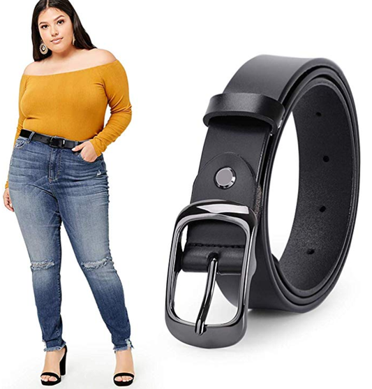 WERFORU Women Black Leather Belt Plus Size Polished Buckle for Jeans Pants 