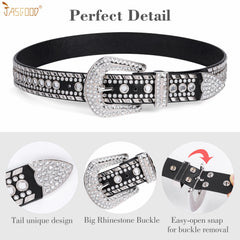 Women Halloween Rhinestone Studded Western Leather Belt Ladies Vintage Bling Cowgirl Waist Belt for Jeans Dress - JASGOOD OFFICIAL