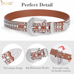 Women Halloween Rhinestone Studded Western Leather Belt Ladies Vintage Bling Cowgirl Waist Belt for Jeans Dress - JASGOOD OFFICIAL