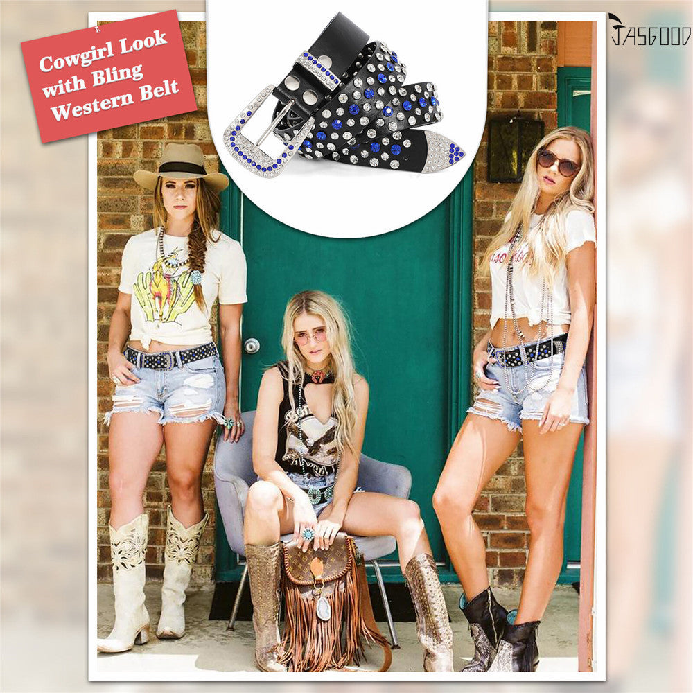 Women Rhinestone Western PU Leather Belt Cowgirl Bling Studded Waist Belt for Jeans Dress - JASGOOD OFFICIAL