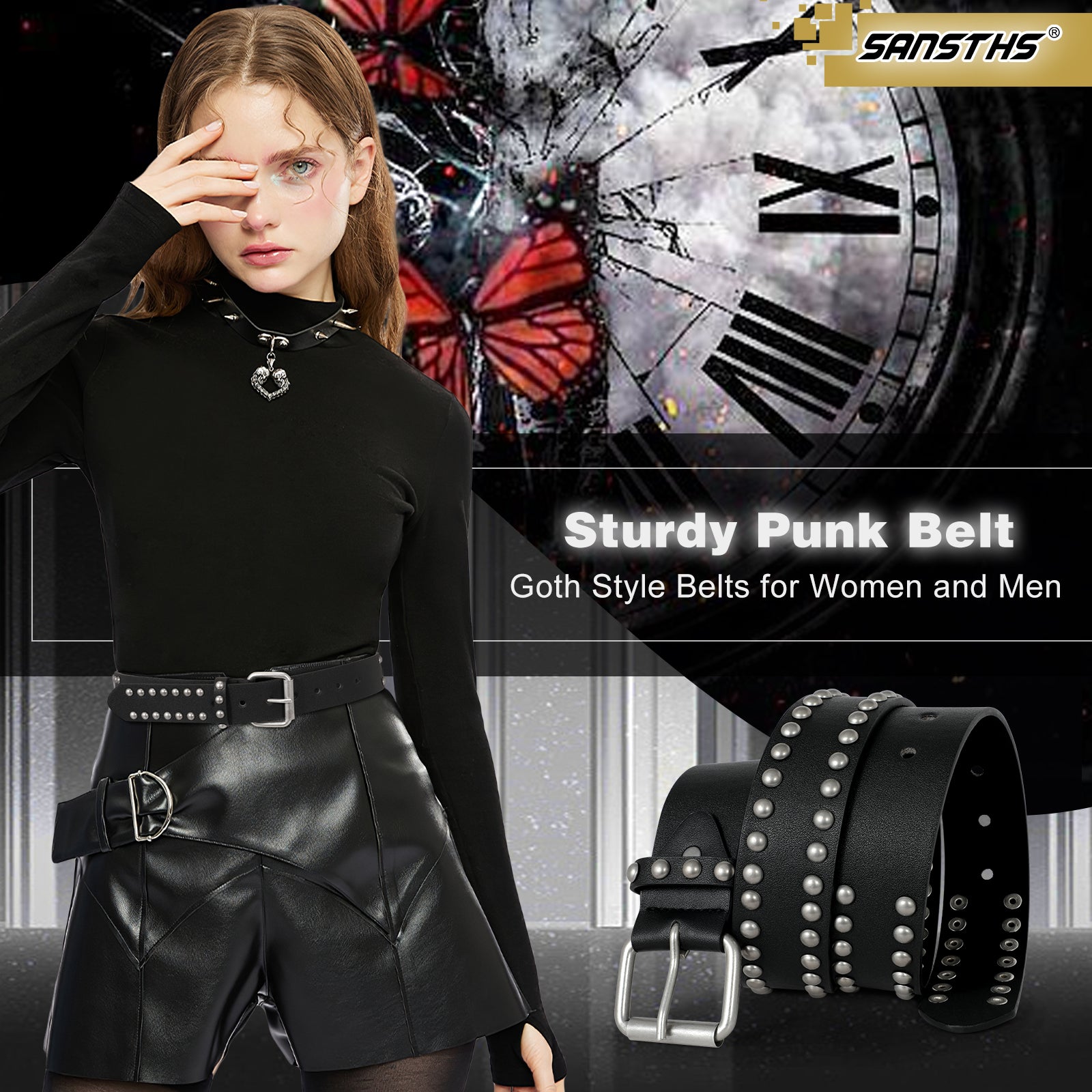 Punk Rivet Studded Belt Goth Row Pyramid Square Bead PU Leather Vintage Punk Rock Grommet Belt for Jeans Pants - JASGOOD OFFICIAL