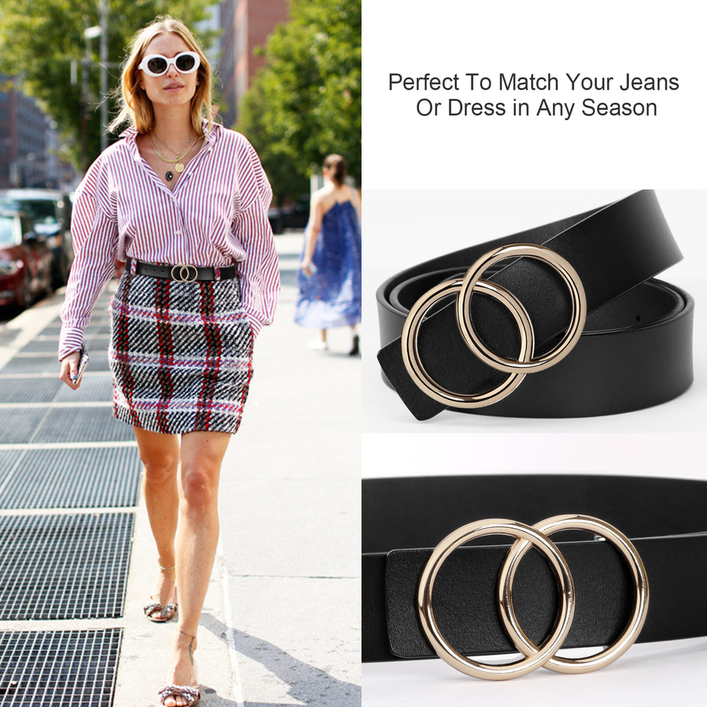 Women Leather Jeans Belt for Pants, Ladies Plus Size Waist Belts Double Ring Buckle By JASGOOD 