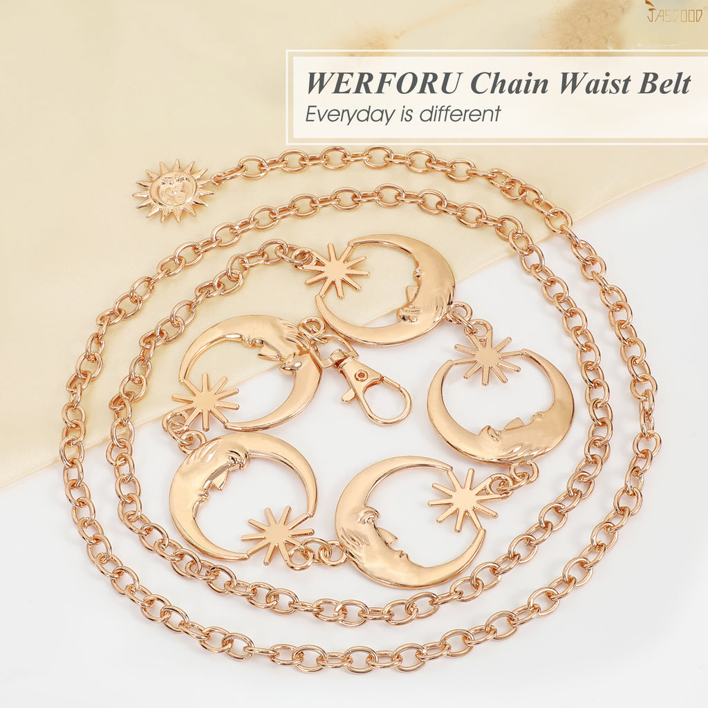 JASGOOD Halloween Women’s Gold Moon Star Metal Link Waist Chain Belt Dress Belts - JASGOOD OFFICIAL
