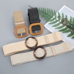 Set of 4 Straw Woven Elastic Stretch Waist Belts for Women, Fashion Boho Ladies Braided Skinny Dress Belt