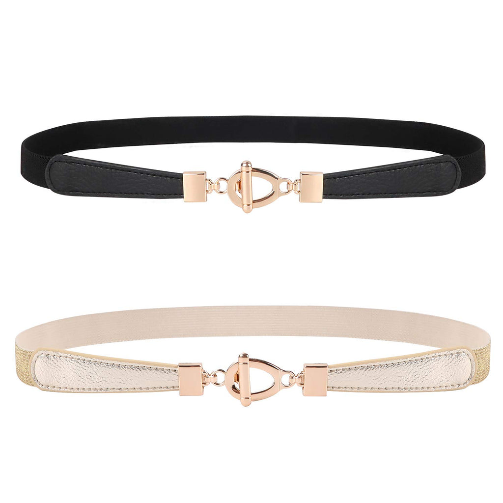 JASGOOD 2pcs Skinny Women Thin Waist Leather Belts With Golden Buckle For Dresses