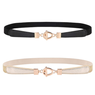 JASGOOD 2pcs Skinny Women Thin Waist Leather Belts With Golden Buckle For Dresses