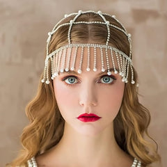 Women Head Chain Jewelry Head Pieces Rhinestone Crystal Pearl Tassel Headband Chains (C-silver) - JASGOOD OFFICIAL