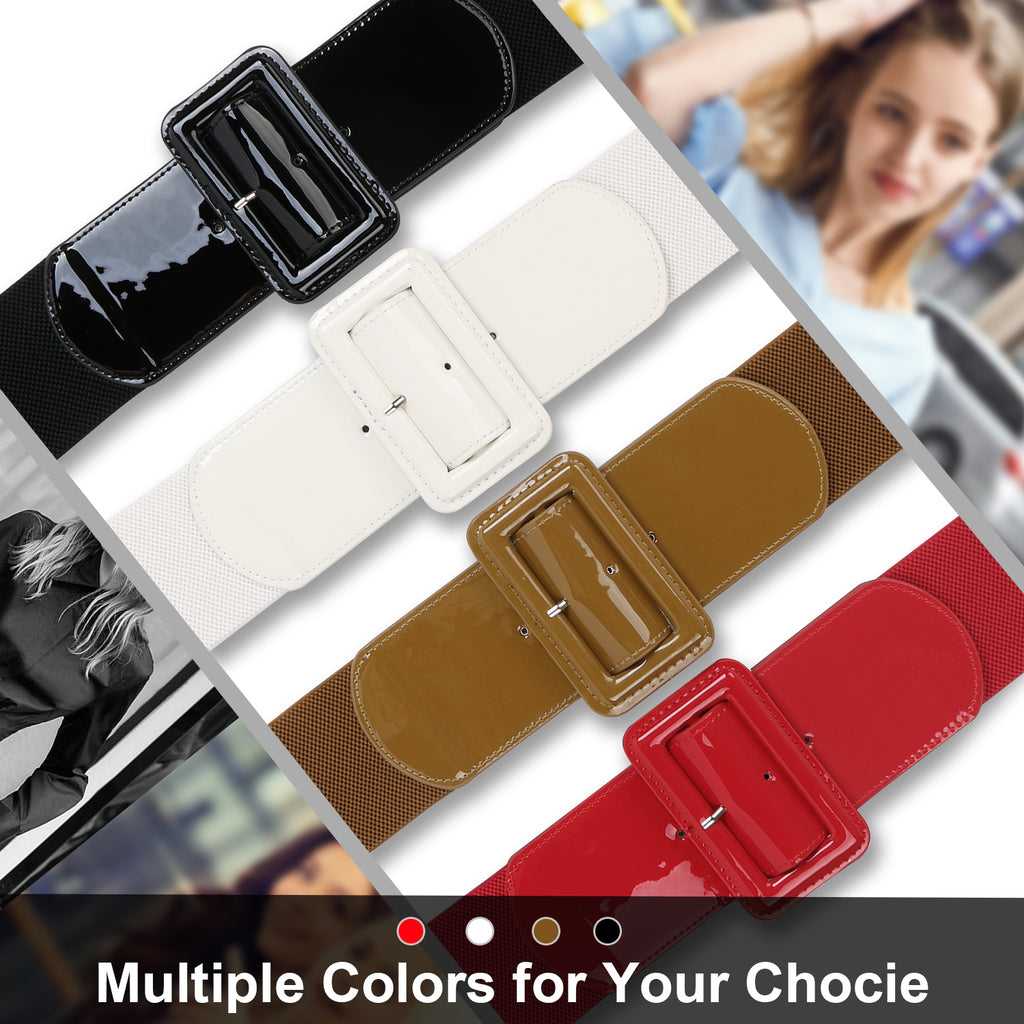 Women Stretchy Waist Belt Patent Leather 2.95” Wide Simple Square Buckle by JASGOOD 