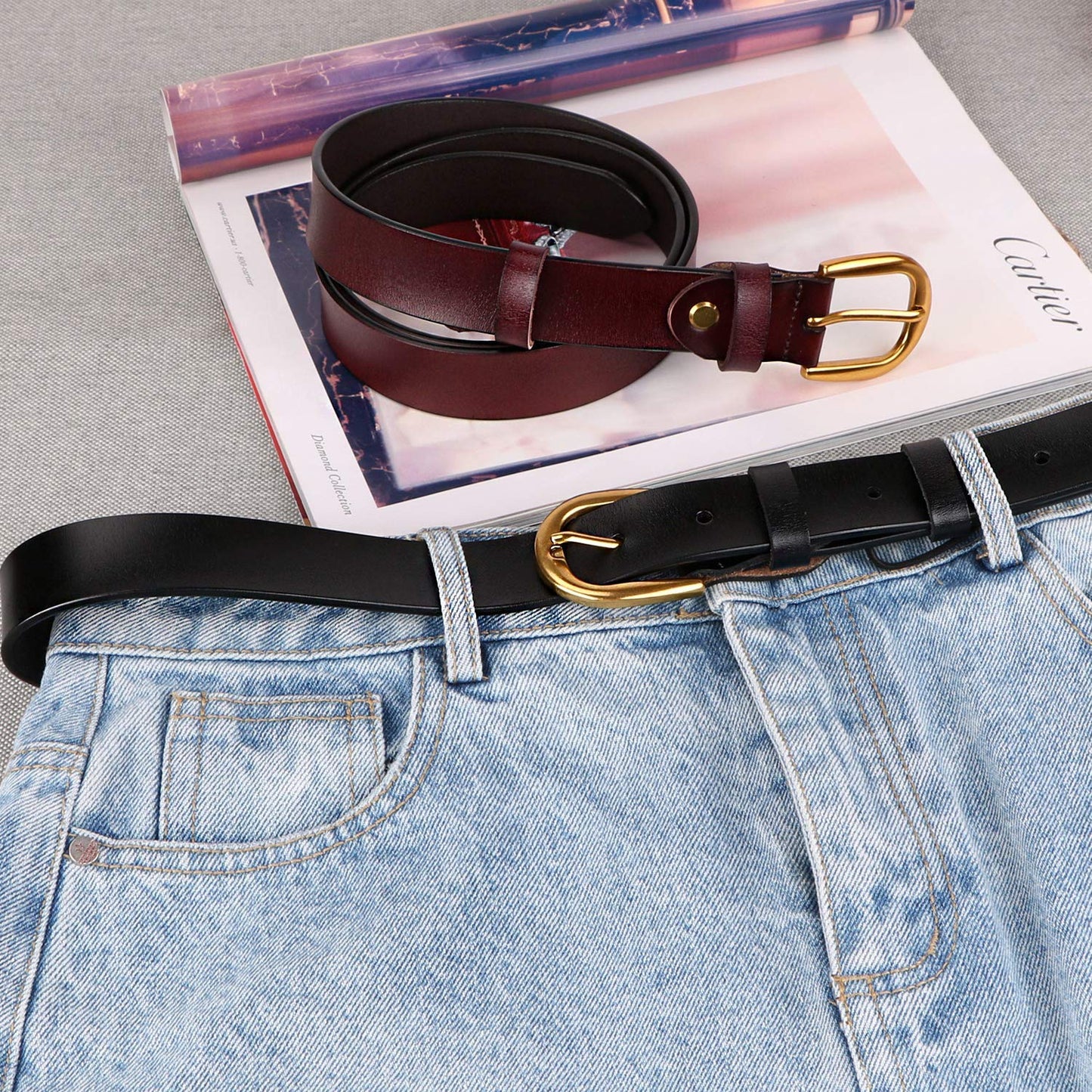 Whippy Women Casual Leather Belt for Jeans, 1.2 Inch Wide with Golden Buckle 