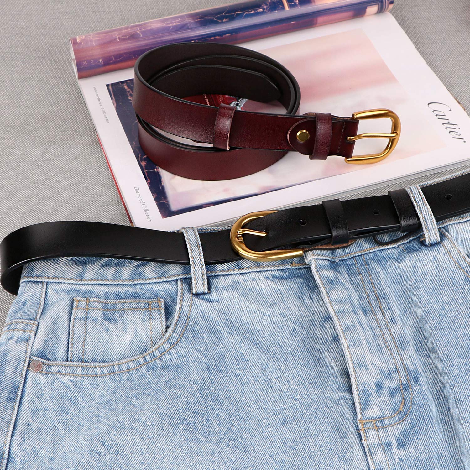 Whippy Women Casual Leather Belt for Jeans, 1.2 Inch Wide with Golden Buckle 