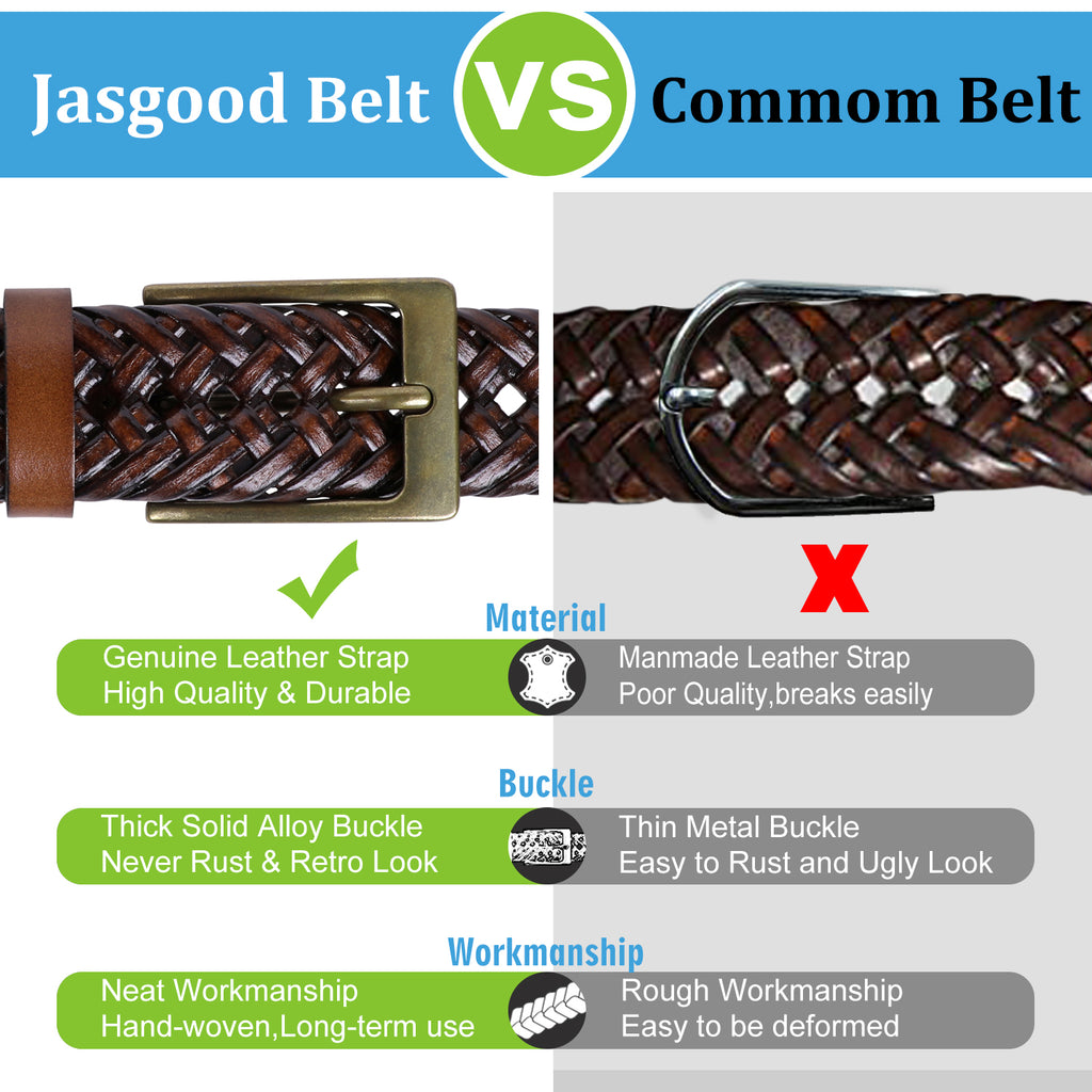 Men's Braided Leather Belt, Braided Woven Belt for Men Casual Jeans with Solid Strap Single Prong Buckle by JASGOOD - JASGOOD OFFICIAL
