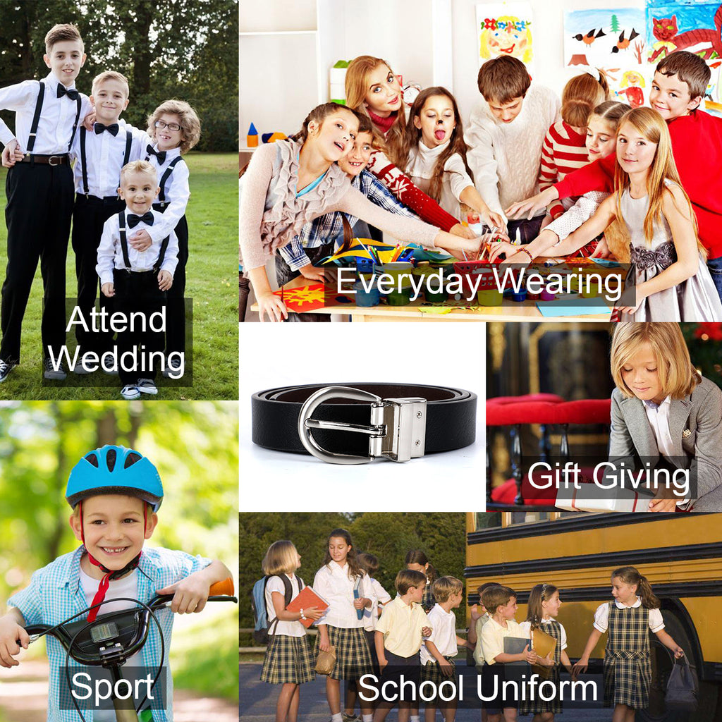 JASGOOD Kids Leather Reversible Belt, Boys Casual Belt for Jeans School Uniform with Rotated Buckle 