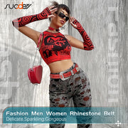Fashion Rhinestone Shiny Crystal Studded Leather Belts Men Women