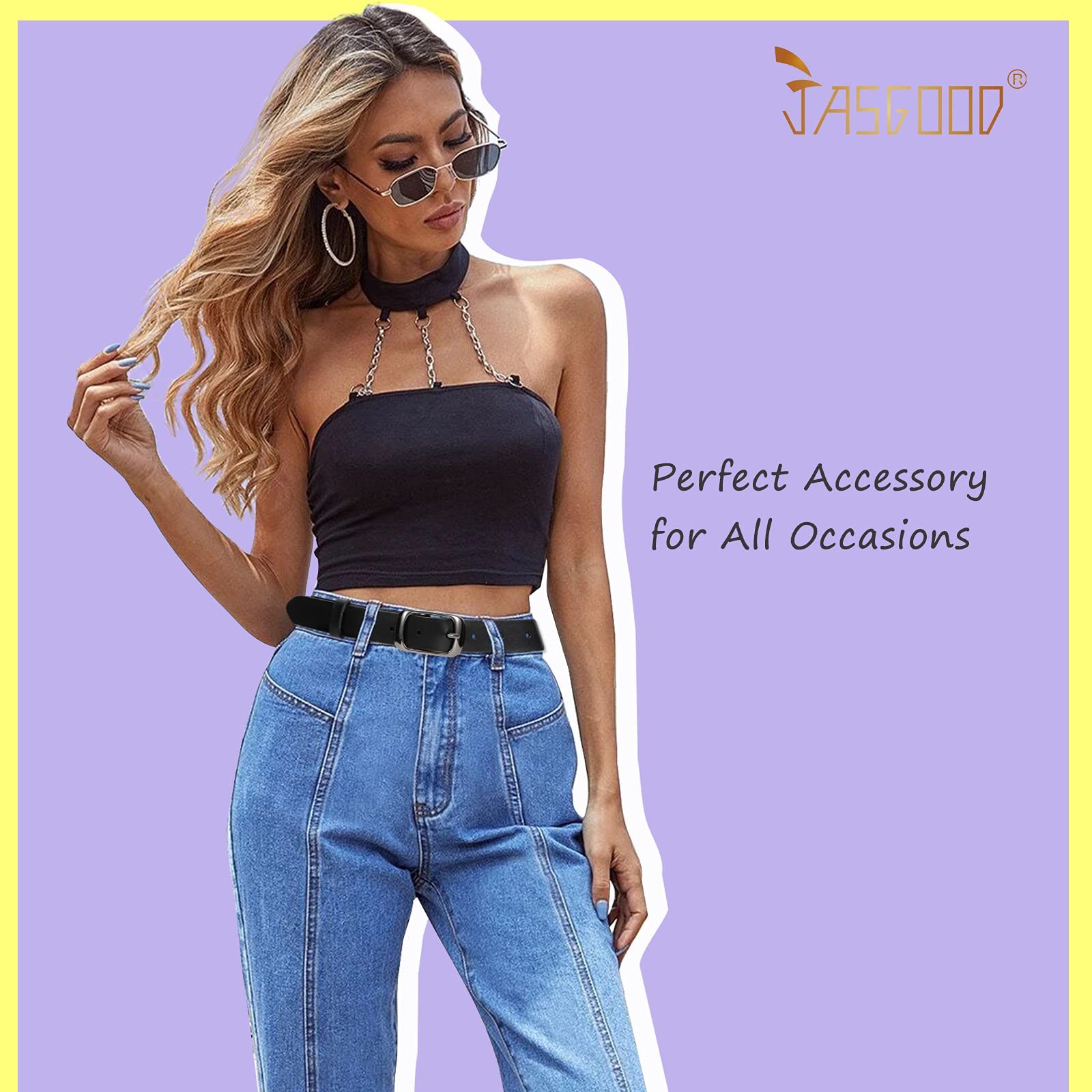 Women Black Leather Belt with Black Buckle,Ladies Classic Waist Belt for Jeans Pants Fashion Design (A-Black, Fit for Pants Size 33"-38") - JASGOOD OFFICIAL