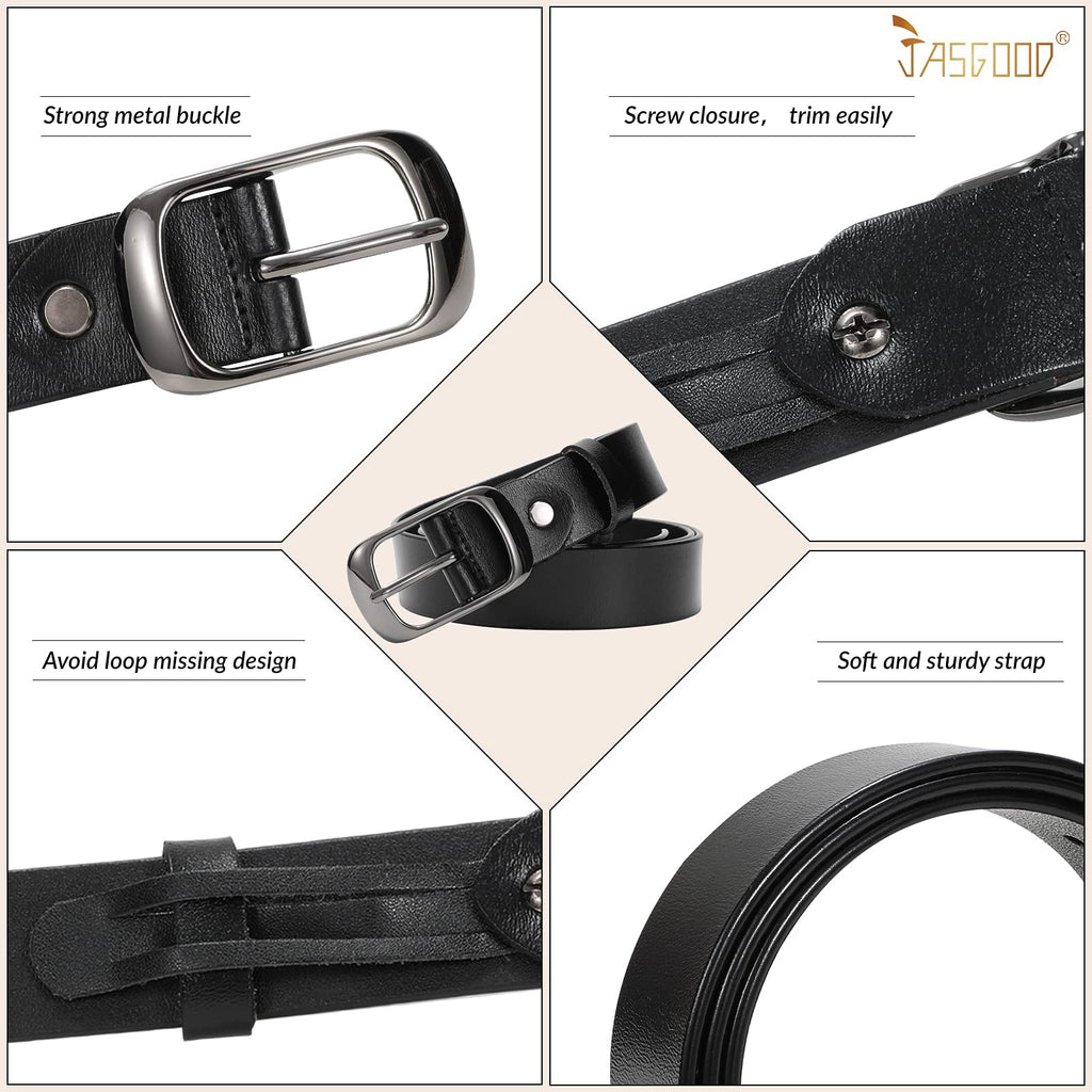 Women Black Leather Belt with Black Buckle,Ladies Classic Waist Belt for Jeans Pants Fashion Design (A-Black, Fit for Pants Size 33"-38") - JASGOOD OFFICIAL