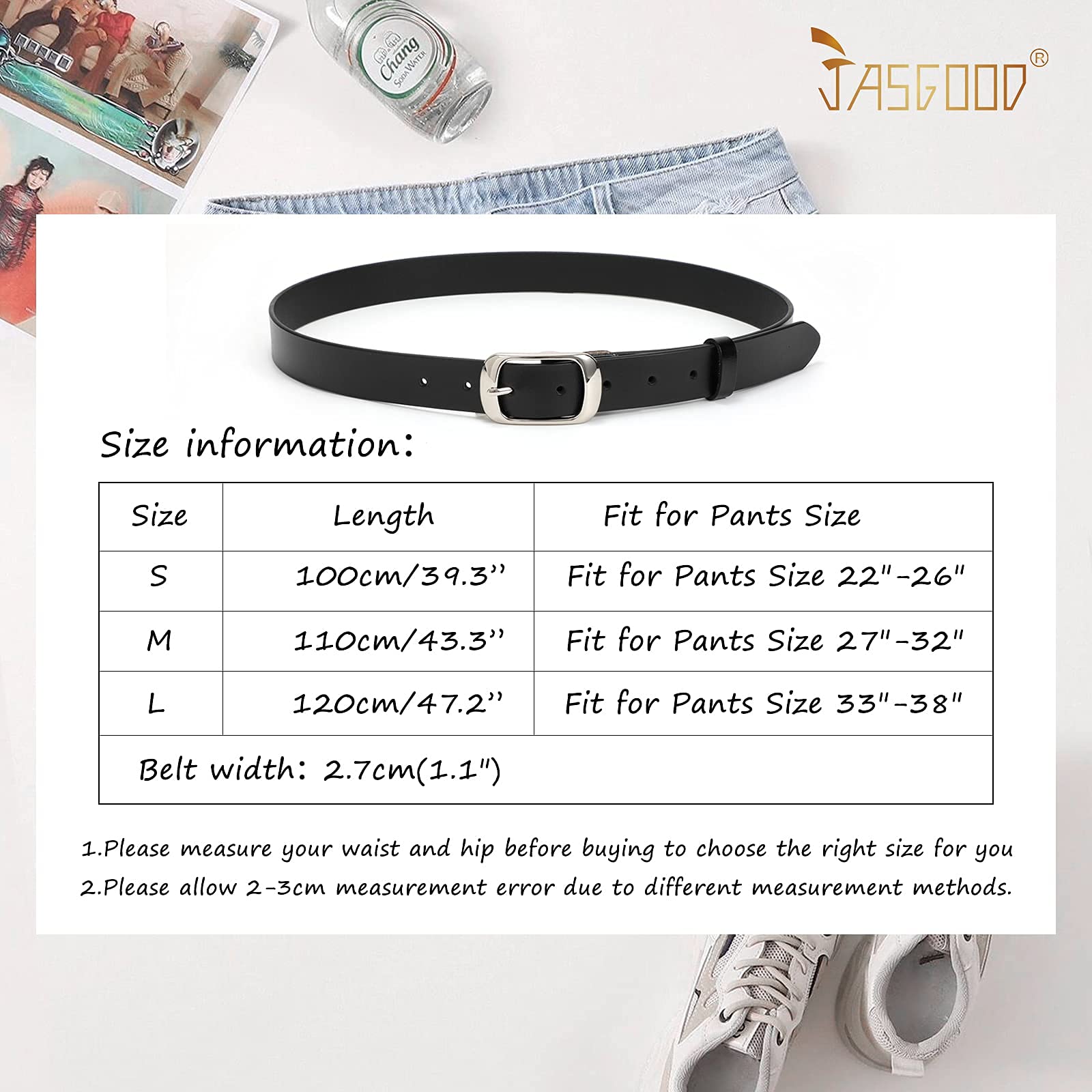 Women Black Leather Belt with Black Buckle,Ladies Classic Waist Belt for Jeans Pants Fashion Design (A-Black, Fit for Pants Size 33"-38") - JASGOOD OFFICIAL