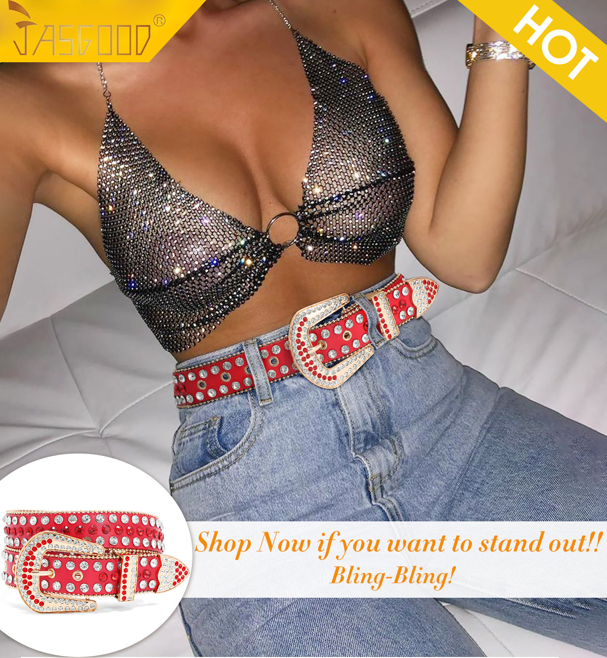 Halloween Rhinestone Belt for Women  Western Cowgirl Bling Studded Leather Belt for Jeans Pants - JASGOOD OFFICIAL
