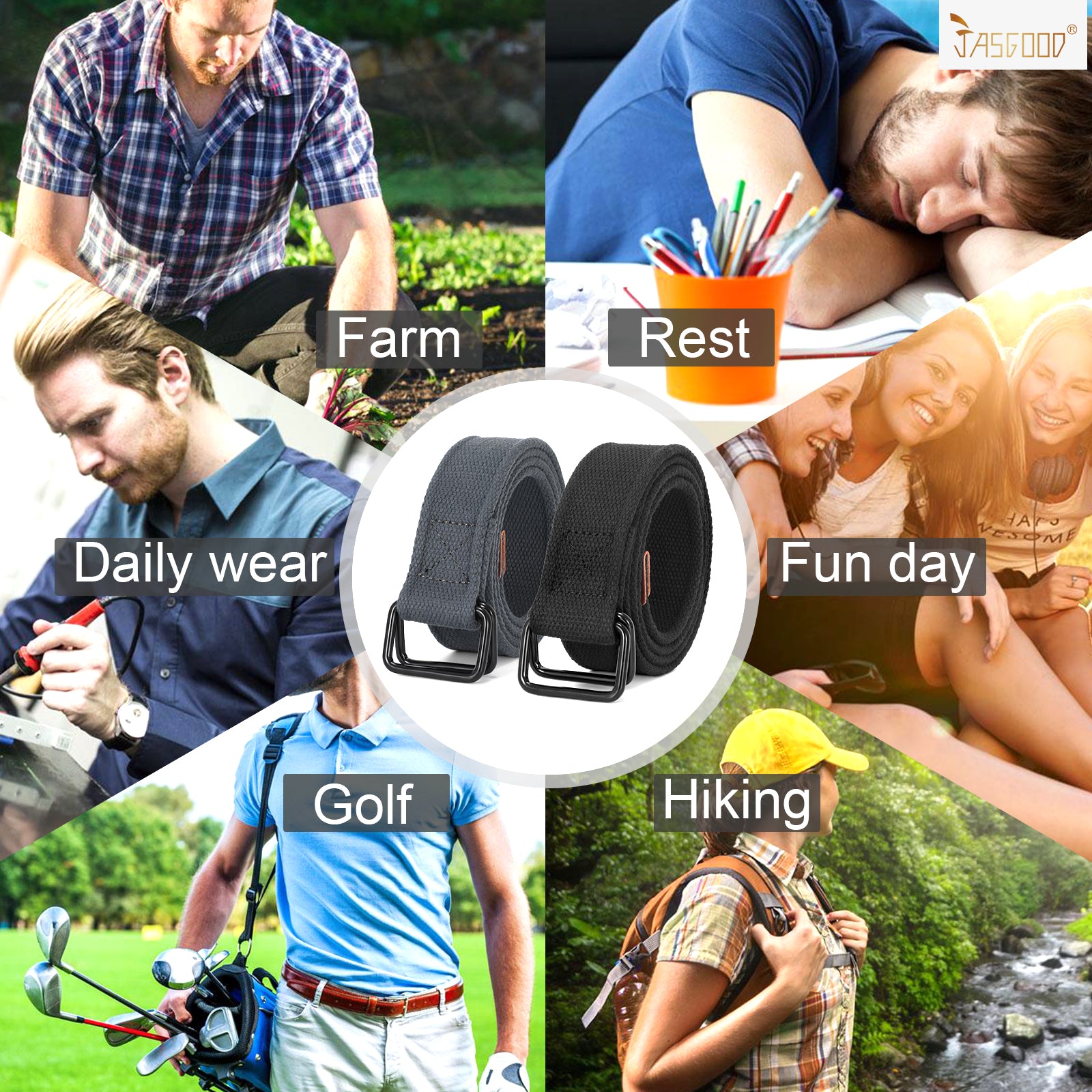 2pcs Men's Belt Kids Canvas Web Belt Football Belt with Double D-ring Buckle - JASGOOD OFFICIAL