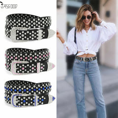 Women Rhinestone Western PU Leather Belt Cowgirl Bling Studded Waist Belt for Jeans Dress - JASGOOD OFFICIAL