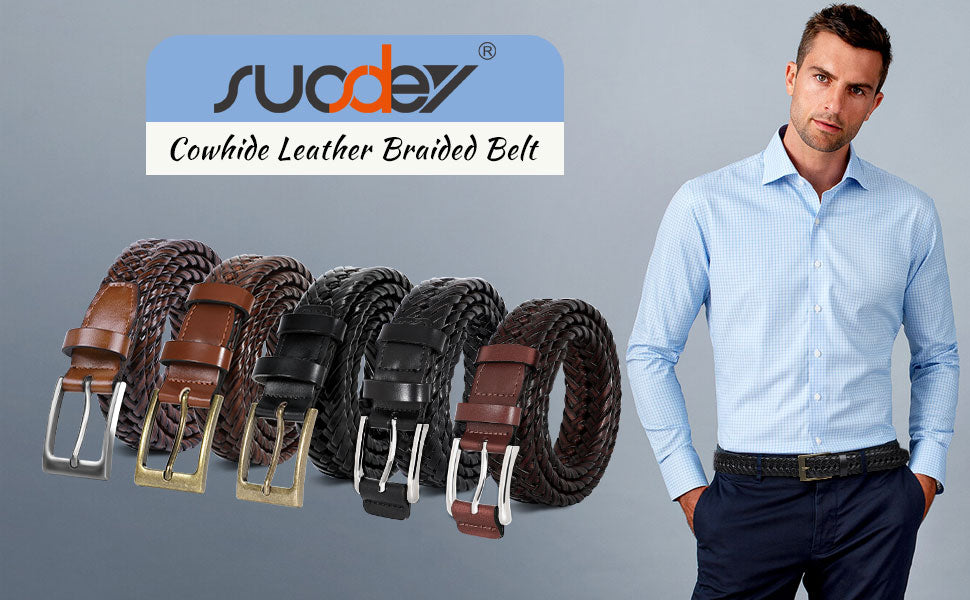 Men’s Leather Braided Belt Cowhide Leather Woven Belt for Jeans