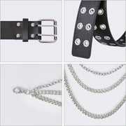 Double Grommet Belt for Women Men - WHIPPY PU Leather Double Prong Buckle Vintage Punk Rock Jeans Belts 