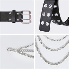 Double Grommet Belt for Women Men - WHIPPY PU Leather Double Prong Buckle Vintage Punk Rock Jeans Belts 