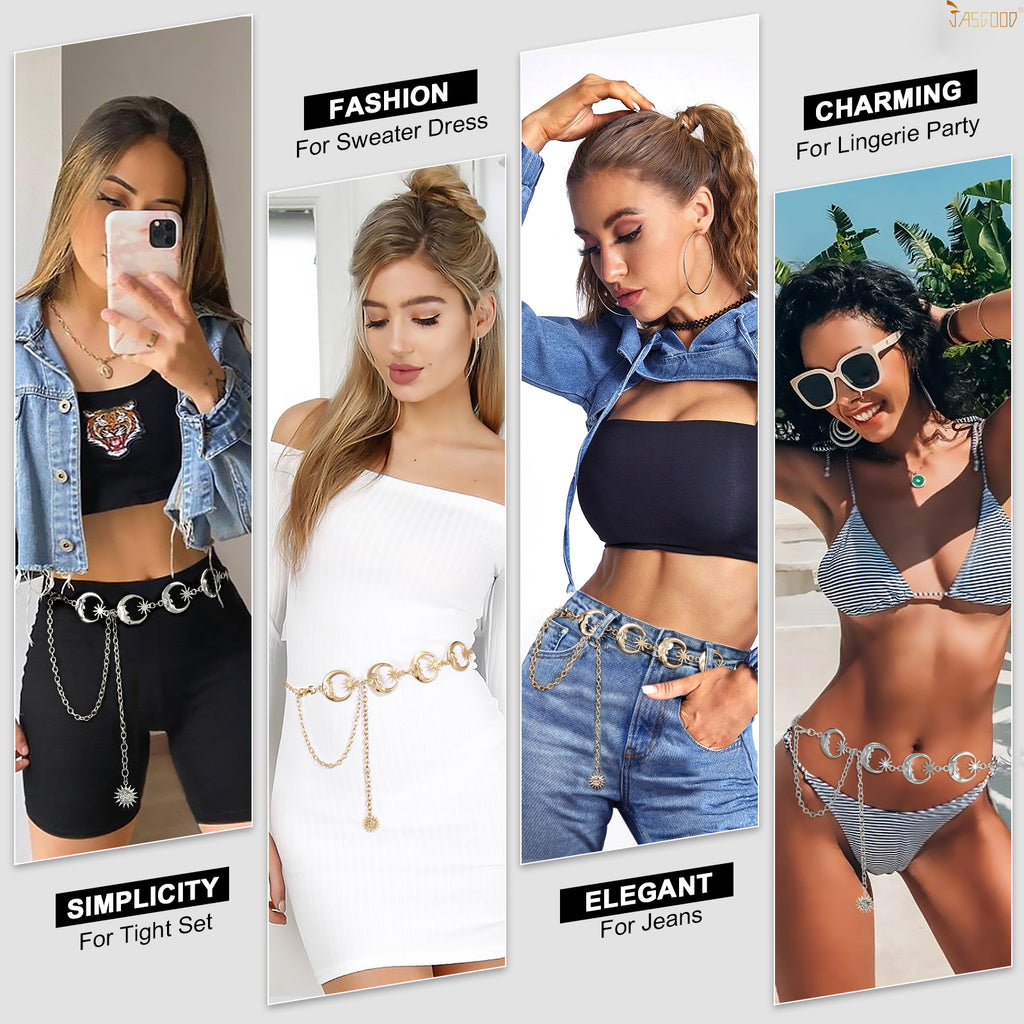 JASGOOD Halloween Women’s Gold Moon Star Metal Link Waist Chain Belt Dress Belts - JASGOOD OFFICIAL