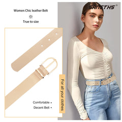 Women Leather belt Faux leather Chic Belt for Jeans Solid Color with Long Gold Curved Pin Buckle