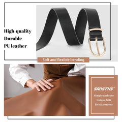 Women Leather belt Faux leather Chic Belt for Jeans Solid Color with Long Gold Curved Pin Buckle