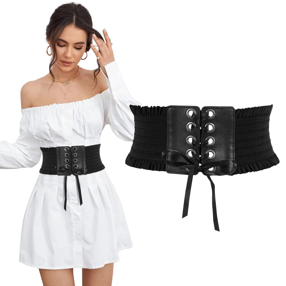JasGood Corsetto Cintura Donna Elastica Larga - Vintage Pelle PU Con Lacci, Perfetta Per Halloween E Outfit Quotidiani - 3