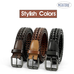 Men’s Leather Braided Belt,  Cowhide Leather Woven Belt for Jeans 1.3 Inch Wide with Prong Buckle