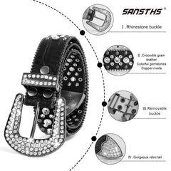 Women Rhinestone Belt for Jeans, SANSTHS Men Western Cowgirl Bling Studded Belt Faux Crocodile Grain Leather