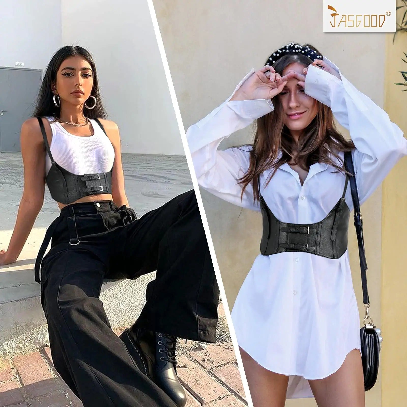 Women Fashion Faux Leather Waist Belt Steampunk Underbust Corset for Halloween Dress - JASGOOD OFFICIAL