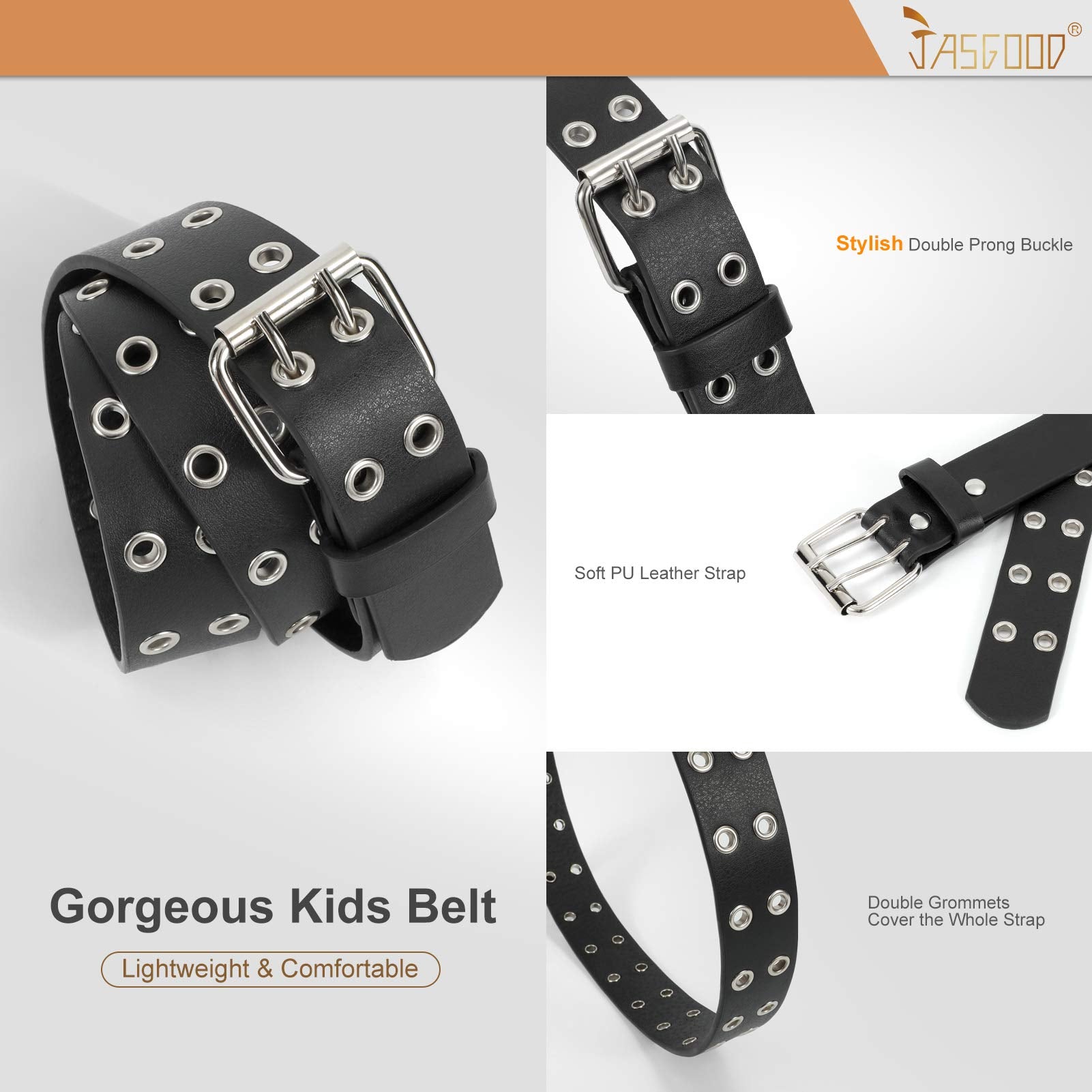 JASGOOD Kids Double Grommet Belt for Girls and Boys, PU Leather Kids Double Studded Holes Belt for Jeans Pants - JASGOOD OFFICIAL
