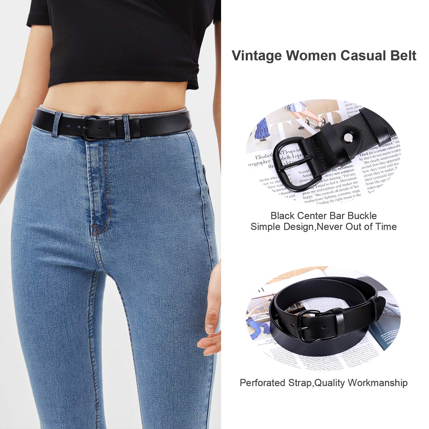 JASGOOD Women's Black Leather Jeans Belt Waist Casual Belt for Pants Shorts with Black Metal Buckle - JASGOOD OFFICIAL