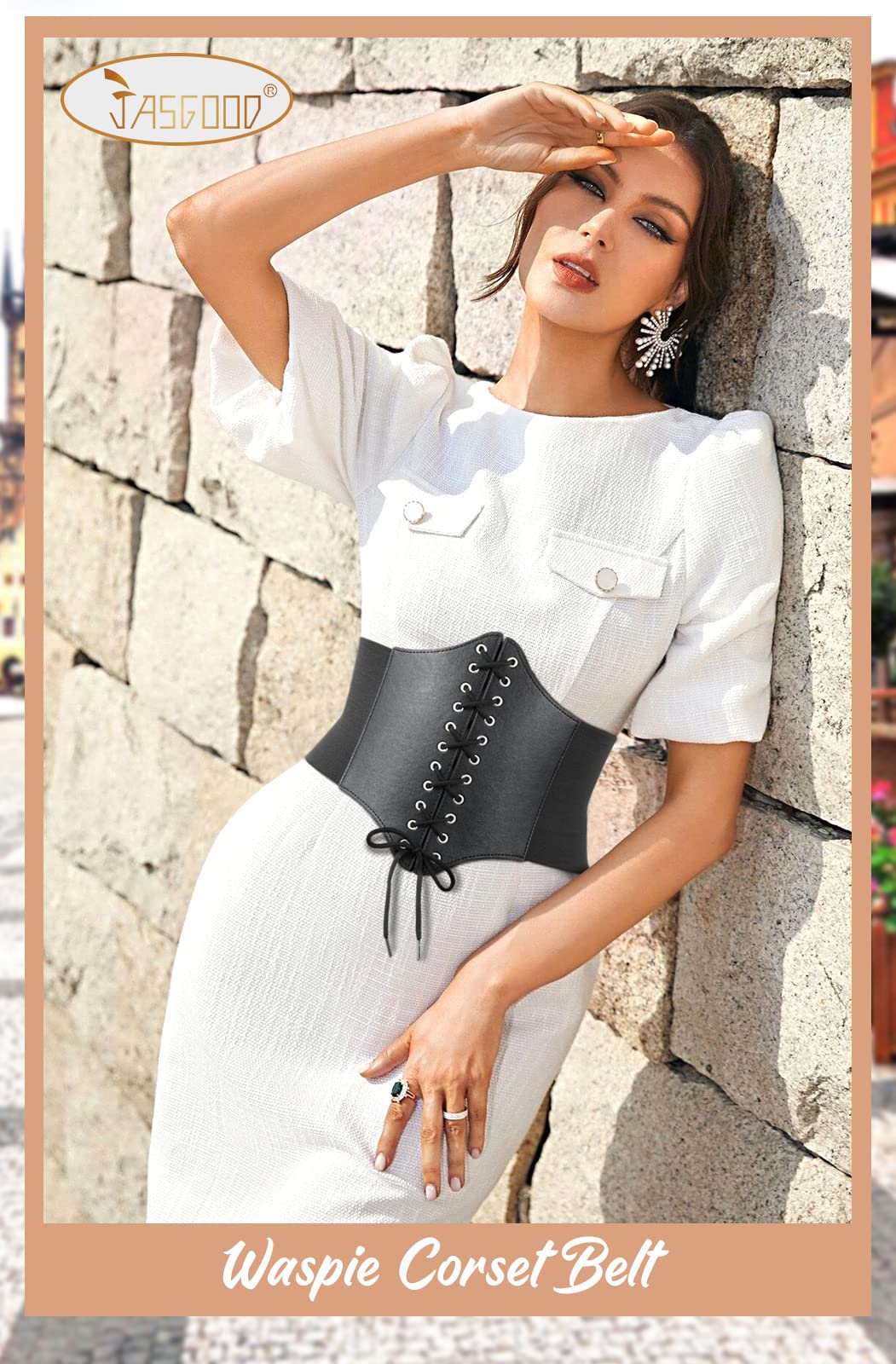 Women Corset Cinch Belt Lace-up Elastic Waist Belt, Tied Costume Waspie Waist Belt for Women 5.9" Width - JASGOOD OFFICIAL