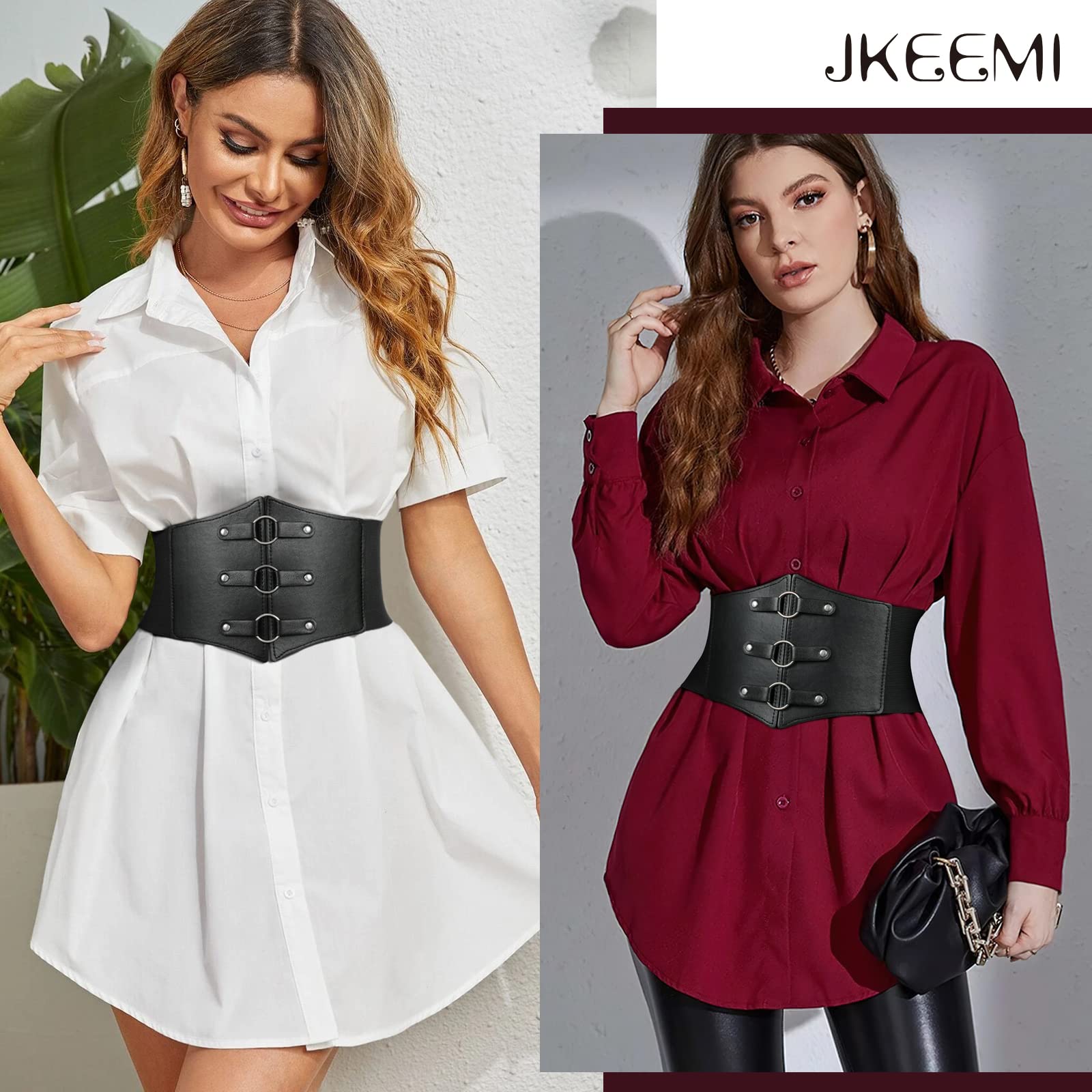 Women Corset Belt Metal O-Ring Decor Wide Elastic Belt for Daily Dress Cosplay Halloween Costumes - JASGOOD OFFICIAL