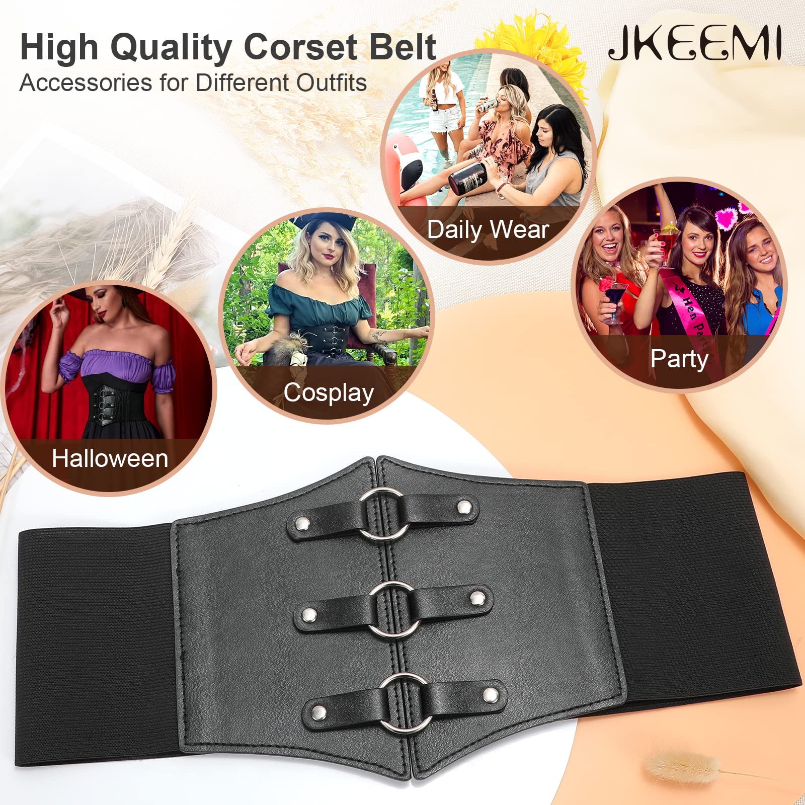 Women Corset Belt Metal O-Ring Decor Wide Elastic Belt for Daily Dress Cosplay Halloween Costumes - JASGOOD OFFICIAL