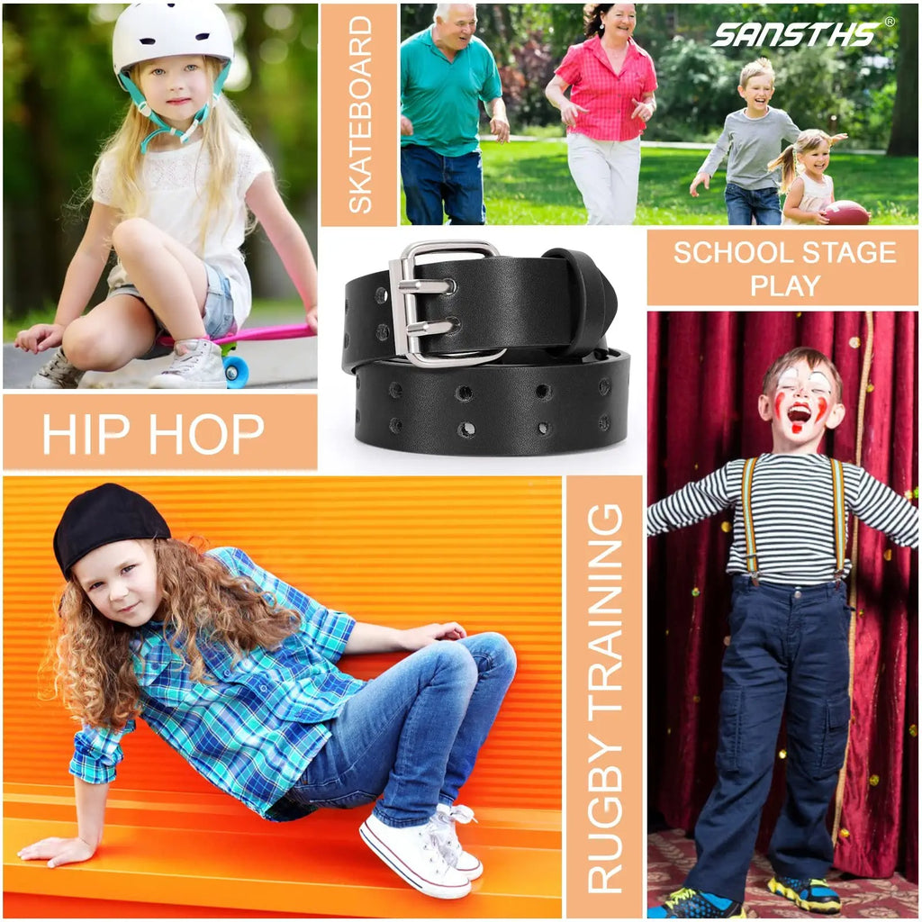 Kids Black Faux Leather Belt  Girls Boys Punk Style Double Grommet Belt For Jeans Cosplay Costume