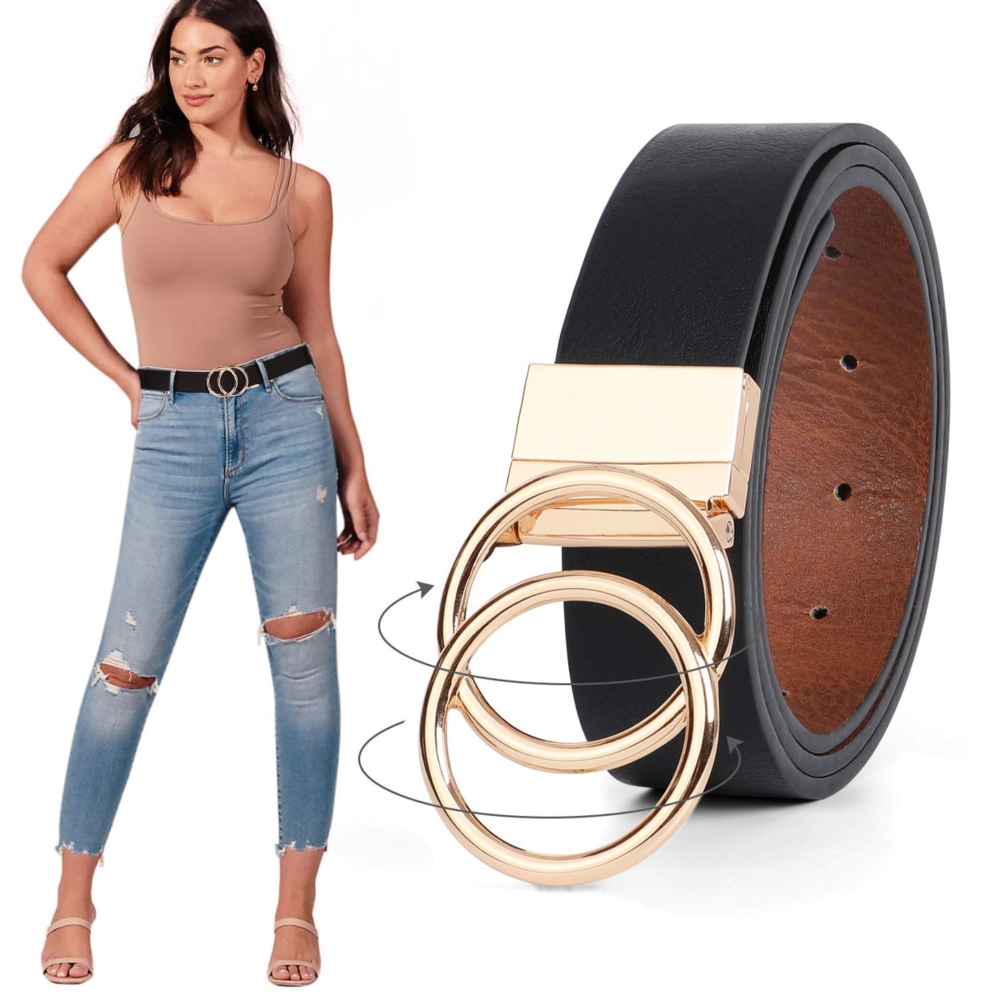 Women Leather Belt, Reversible Belt, Leather Waist Belt for Jeans Dress with Gold Double O Ring Rotate Buckle - JASGOOD OFFICIAL