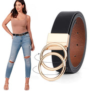 Women Leather Belt, Reversible Belt, Leather Waist Belt for Jeans Dress with Gold Double O Ring Rotate Buckle