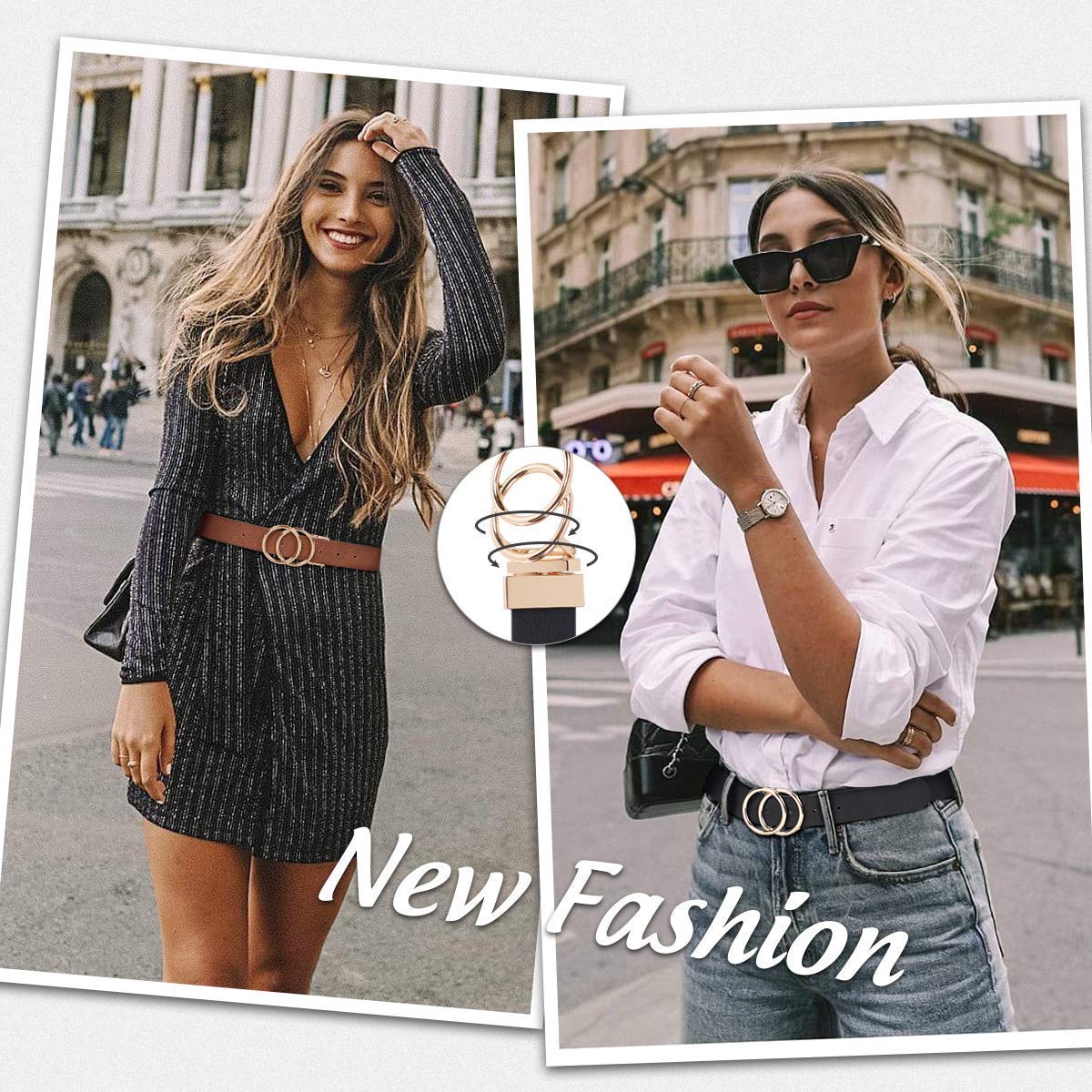 Women Leather Belt, Reversible Belt, Leather Waist Belt for Jeans Dress with Gold Double O Ring Rotate Buckle - JASGOOD OFFICIAL