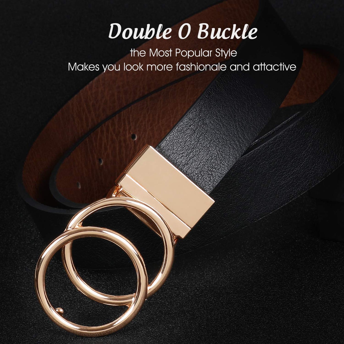 Women Leather Belt, Reversible Belt, Leather Waist Belt for Jeans Dress with Gold Double O Ring Rotate Buckle - JASGOOD OFFICIAL