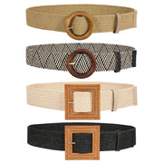 Straw Woven Elastic Stretch Belts Women, Wide Boho Braided Dress Belts with Wooden Style Buckle by JASGOOD