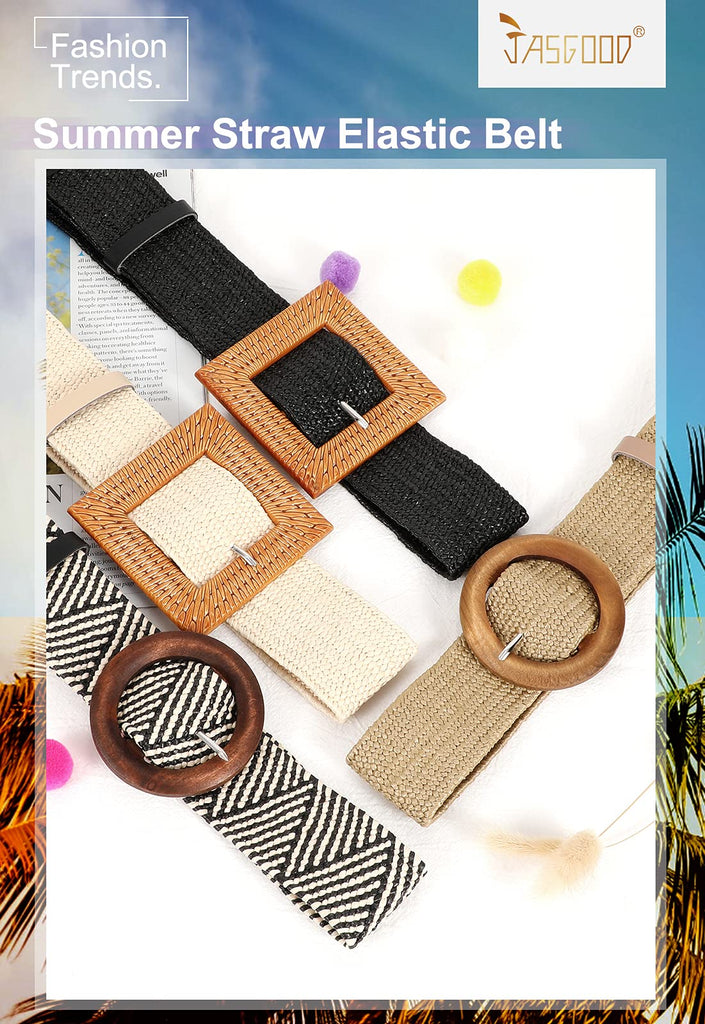 Straw Woven Elastic Stretch Belts Women, Wide Boho Braided Dress Belts with Wooden Style Buckle by JASGOOD