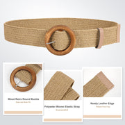 Straw Woven Elastic Stretch Belts Women, Wide Boho Braided Dress Belts with Wooden Style Buckle by JASGOOD